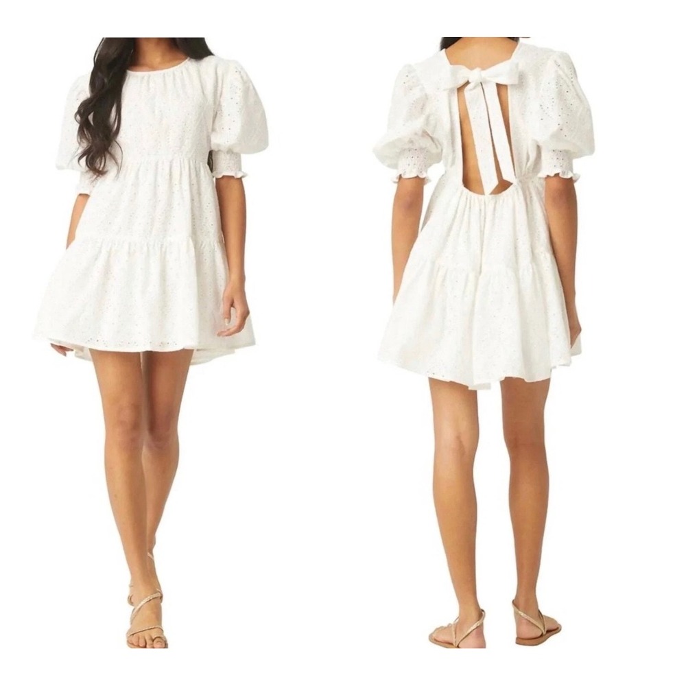 Misa Fraser Tiered Mini Dress‎ Puffed Sleeves Eyelet White Size Small